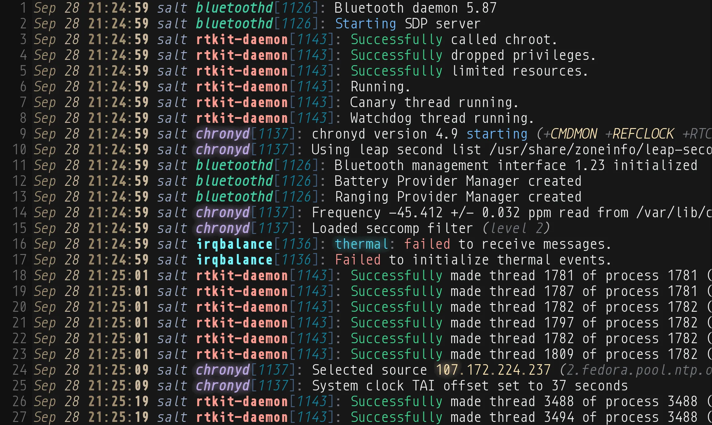 The same log with the Logfile syntax: dates in italics, times in bold, each program name in its own color, process IDs in brackets, and words such as Successfully, failed, and starting, an address, and a version number picked out.