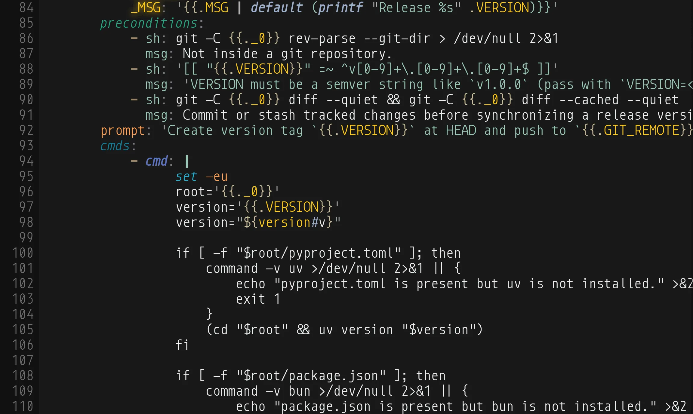 The same lines with myTaskfile: keys such as preconditions, prompt, and cmds picked out, the {{...}} template expressions set apart with variables like .VERSION in orange and functions like default and printf in italics, and set -eu colored.