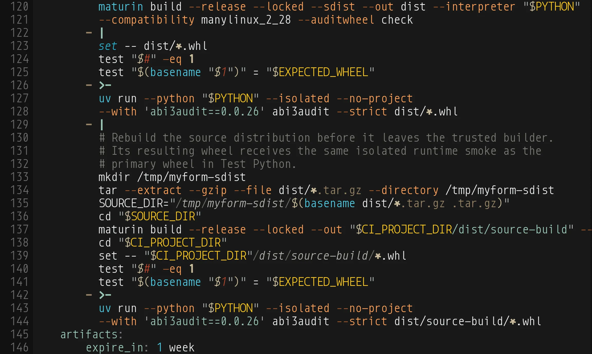 The same job with myYAML: the shell commands inside the script block scalars highlighted as shell, with command names, --flags, "$VARIABLES", strings, and comments each in their own colors, and the YAML keys left as they were.