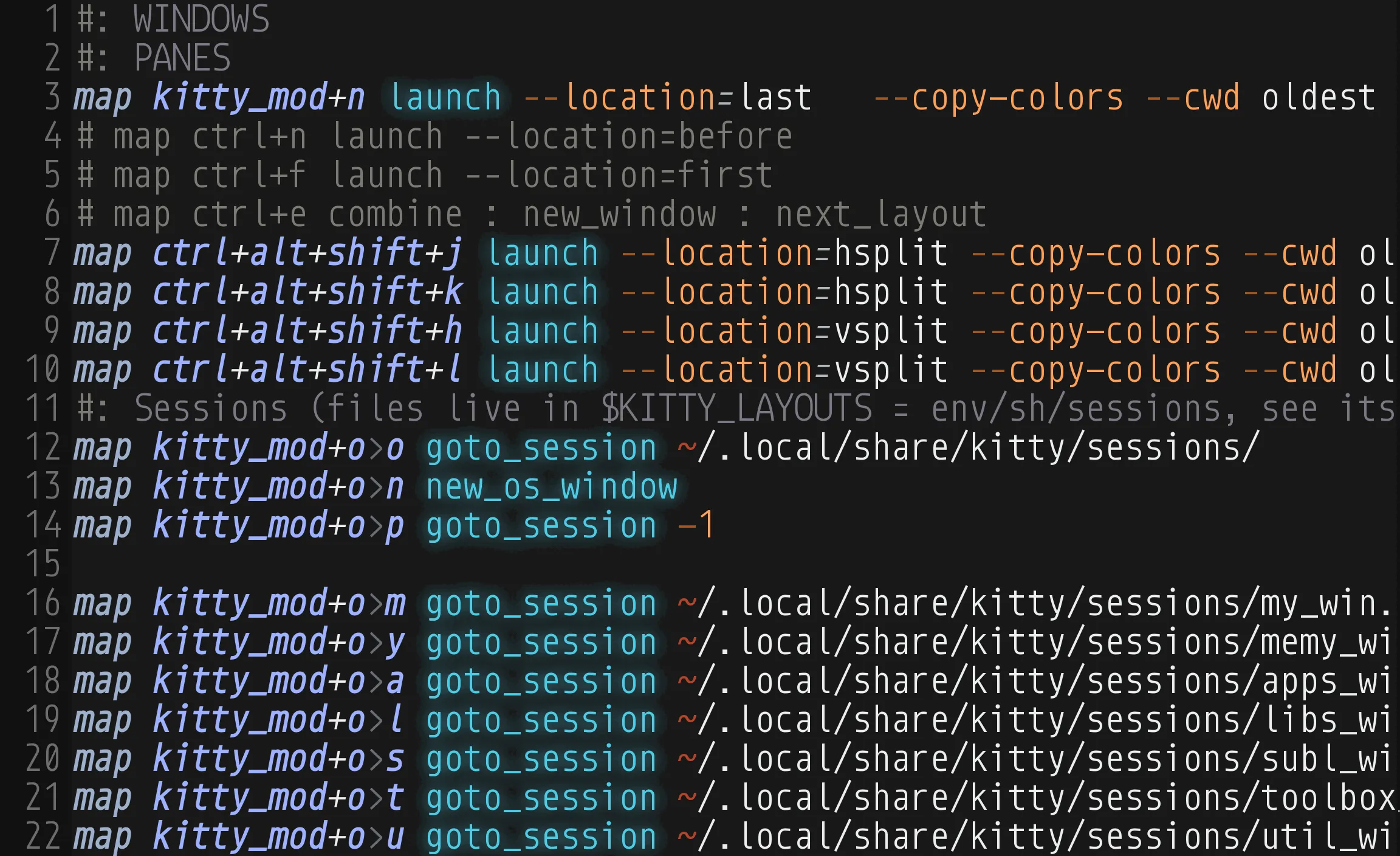 The same lines with the Kitty syntax: map and each key chord in bold italics, actions such as launch and goto_session in teal, --flags like --location and --copy-colors in orange, and the comments dimmed.