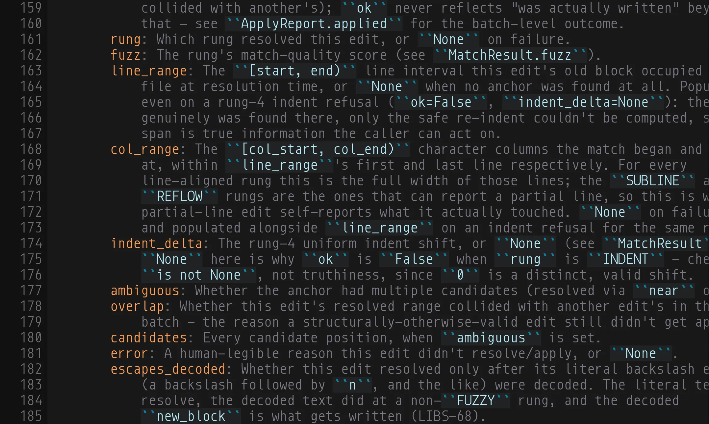 The same lines with myPython: each field name (rung, fuzz, line_range) in orange, the ``code spans`` as highlighted chips, and the descriptions in a quieter grey.