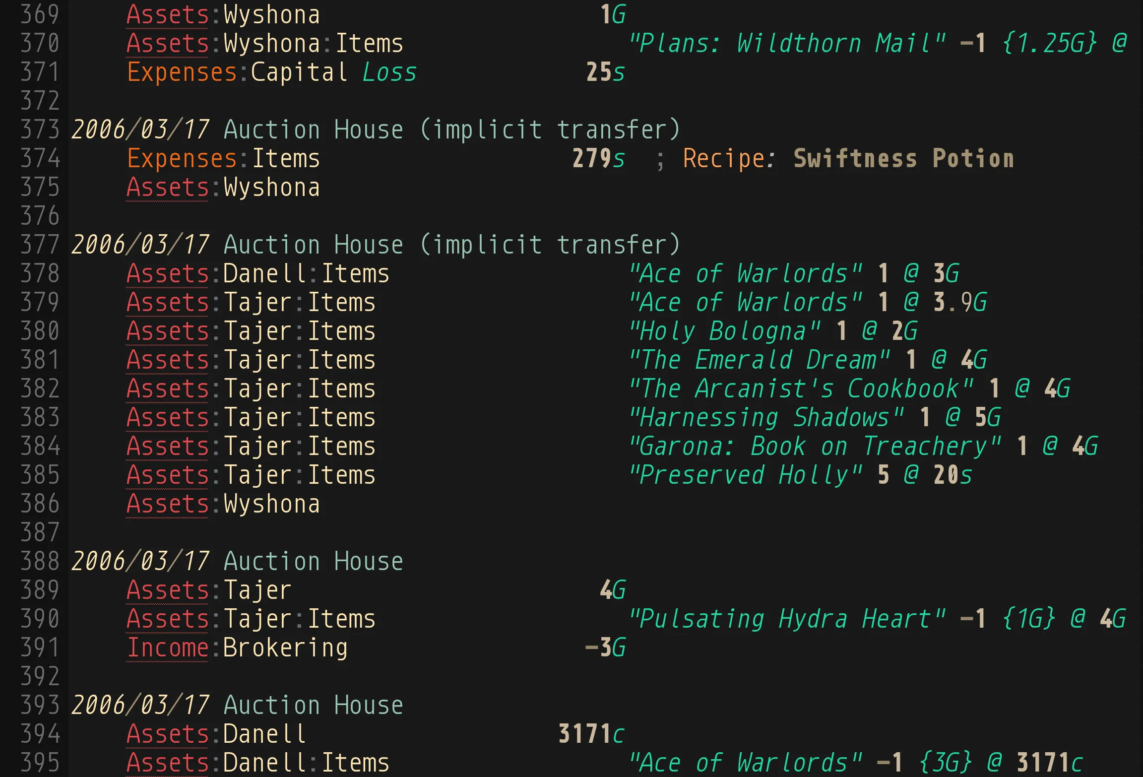 The same lines with myLedger: dates in italics, payees in teal, the first segment of each account underlined in red or orange, amounts in bold with their G, s, or c unit set apart, quoted item names in teal italics, and a comment in orange.