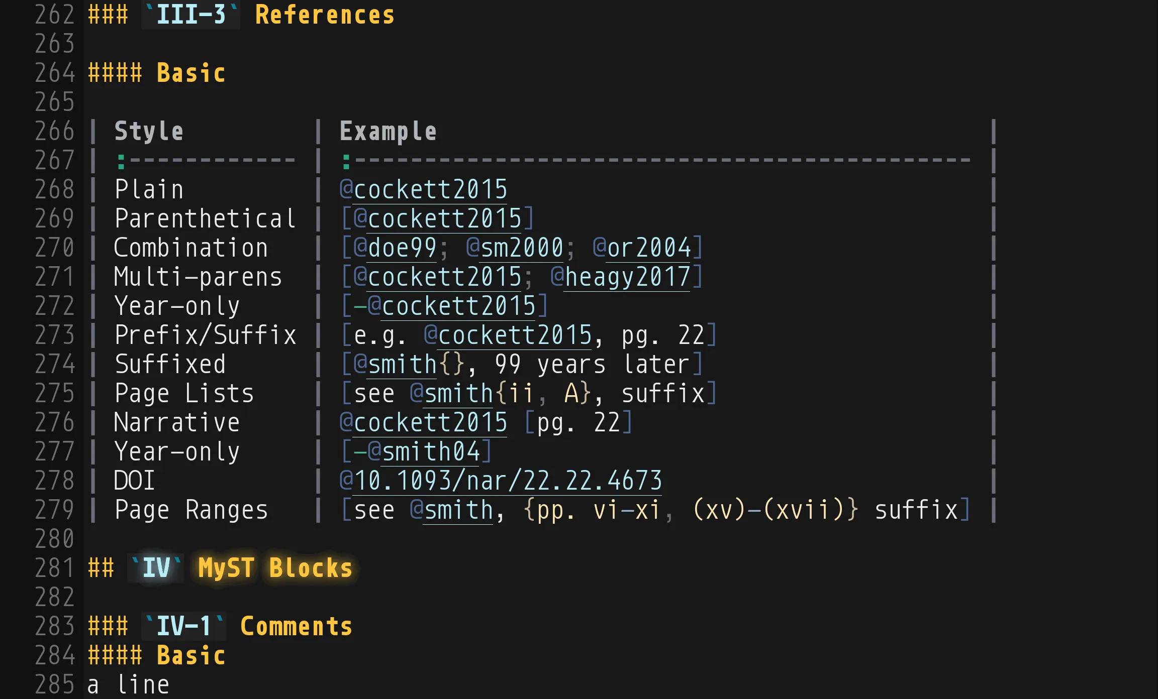 The same lines with MystMarkdown: each @citation key underlined in cyan with its @ in blue, the brackets in blue, bold grey table headings, and the headings in orange.