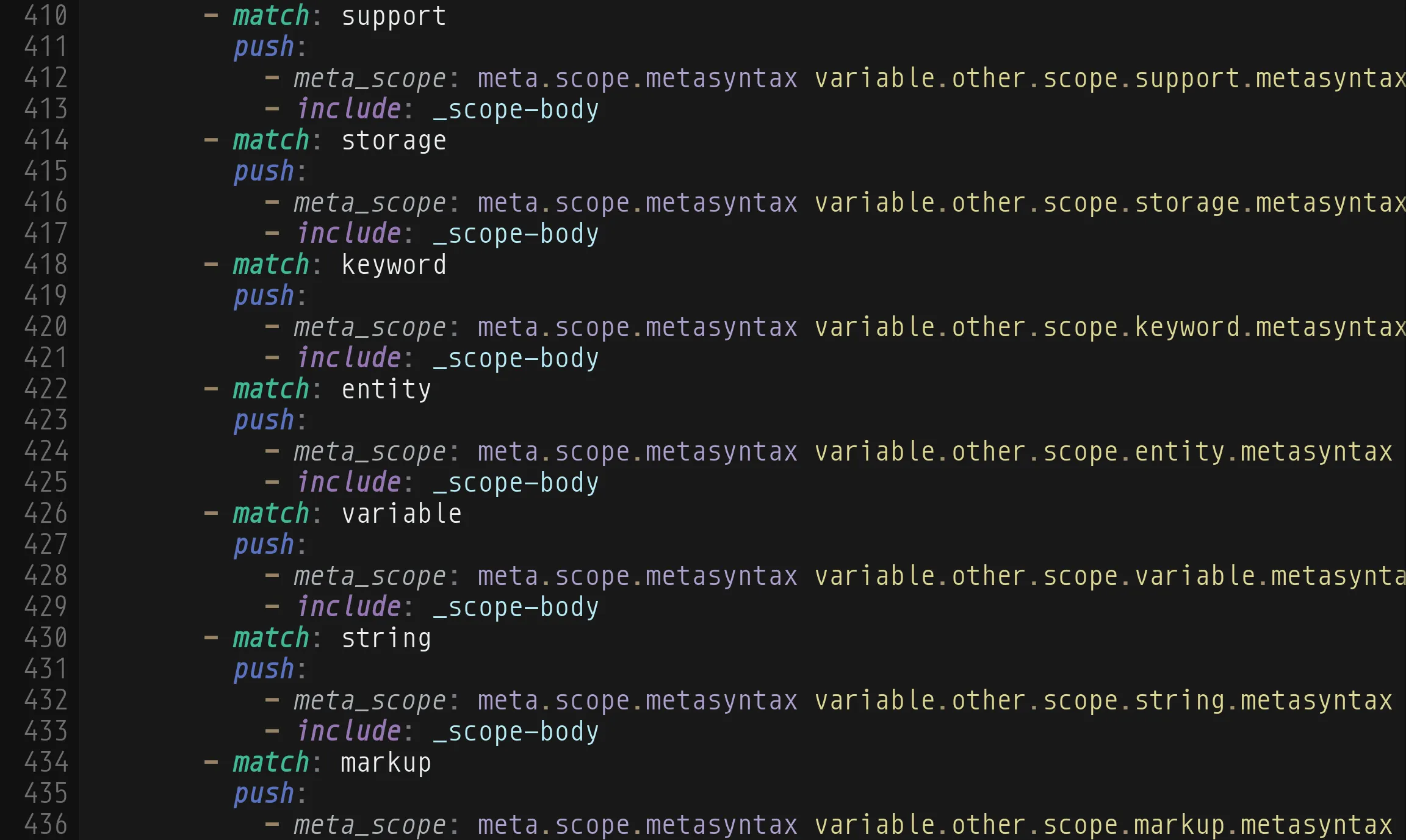 The same lines with Metasyntax: match, push, meta_scope, and include each in their own color, and the dotted scope names after meta_scope set apart in purple and yellow.