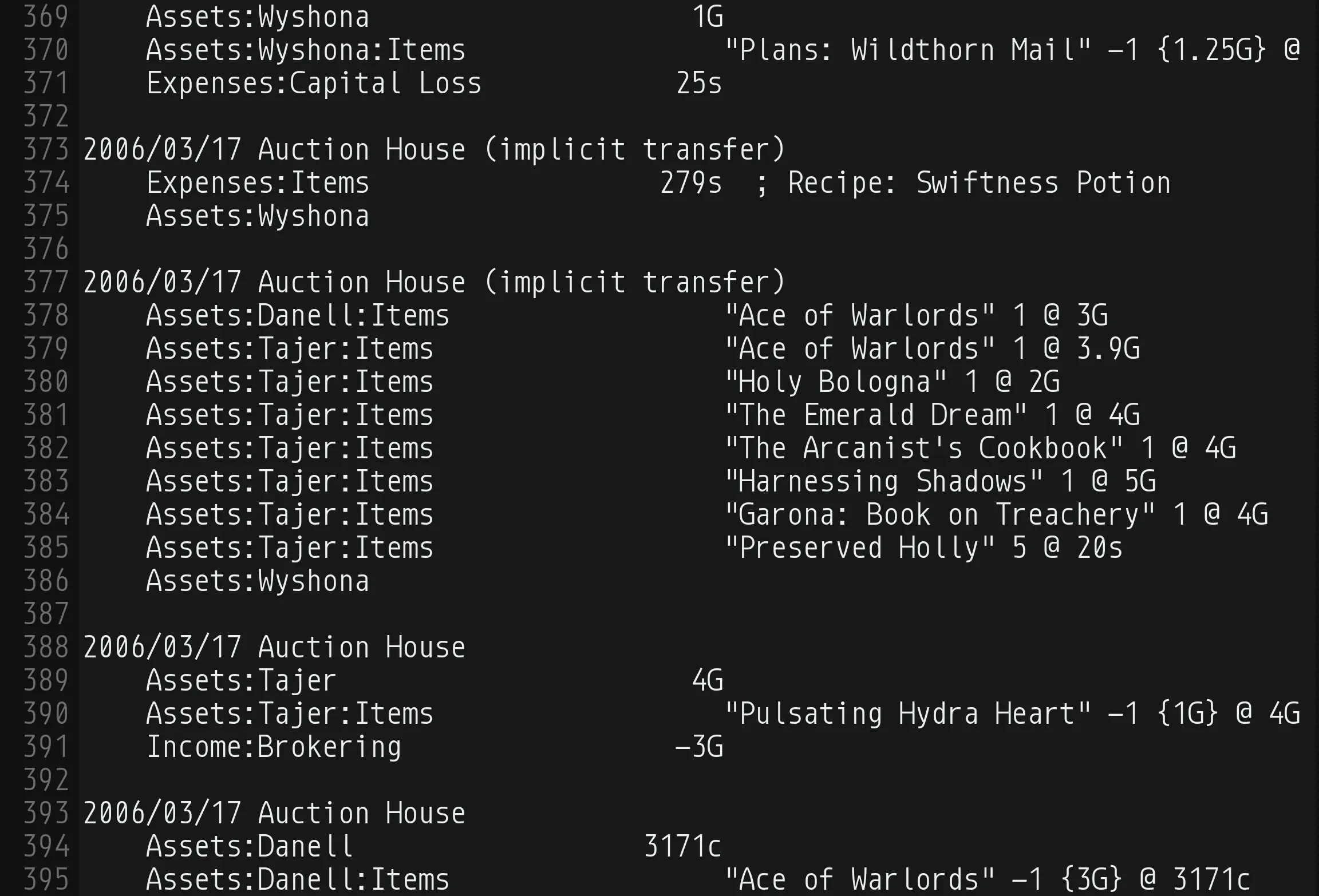 Twenty-seven lines of a ledger journal of an online game's auction-house trades, as plain text: dates and payees, indented account names, amounts, and quoted item names with quantities and prices, all one color.