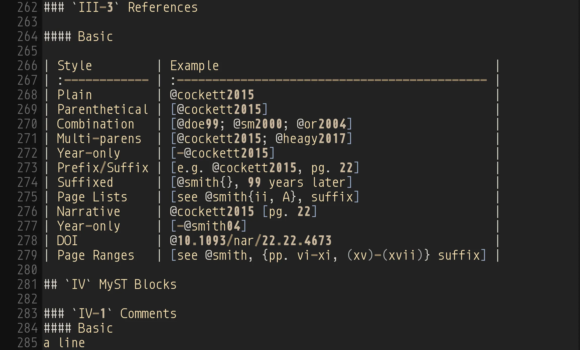 Twenty-four lines of a MyST test file in Sublime's stock Markdown syntax: headings and a table of citation styles whose cells hold @keys in brackets, none of the citations picked out.
