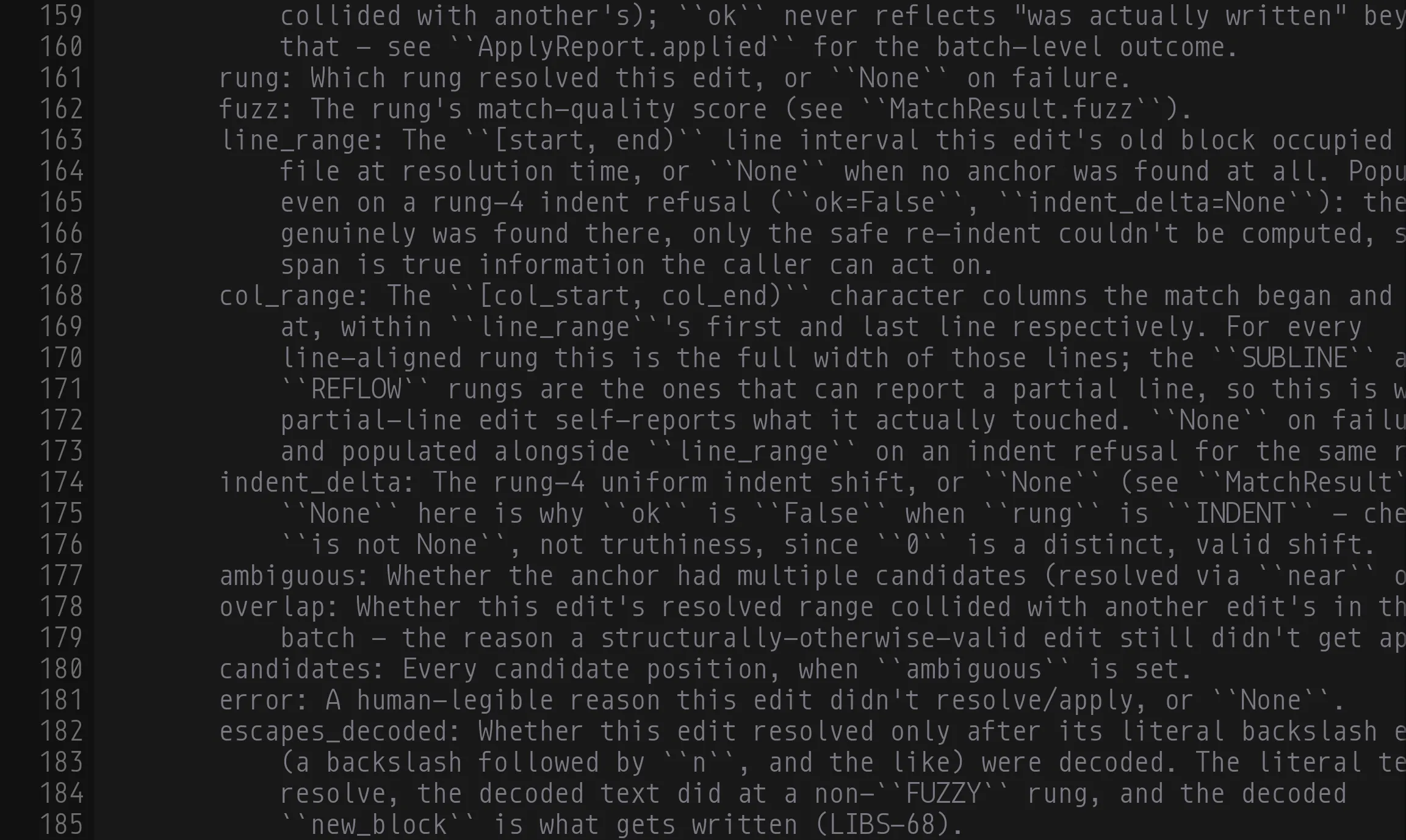 Lines 159 to 185 of a Python module, inside the docstring of a result class: field names, their descriptions, and ``code spans``, one flat grey string under stock Python highlighting.