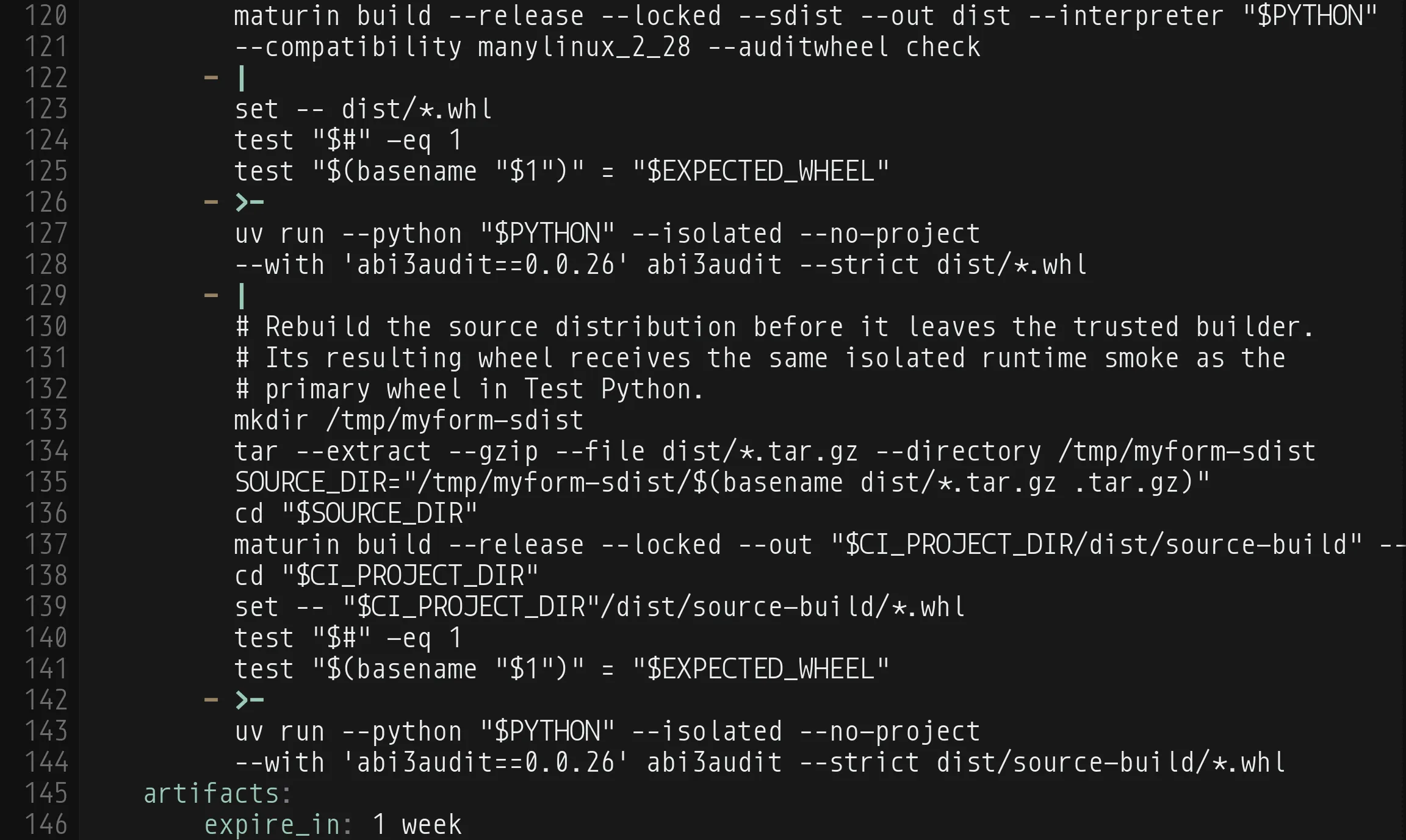 Lines 120 to 146 of a GitLab CI job in stock YAML highlighting: script entries holding maturin, tar, and uv commands as plain text.