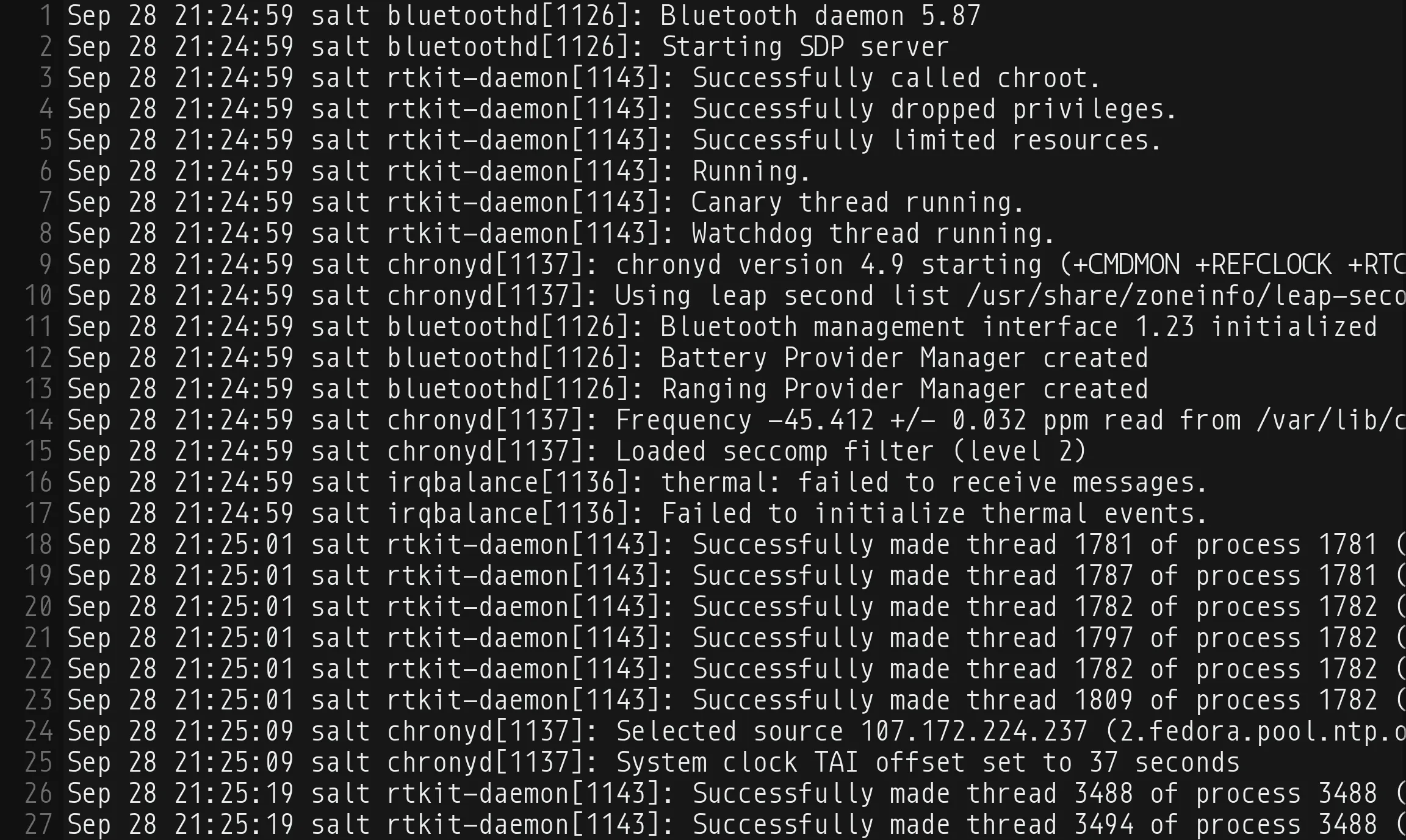 The first 27 lines of a system log from one boot as plain text: month, day, time, host, program name and process ID, then the message, every line the same color.