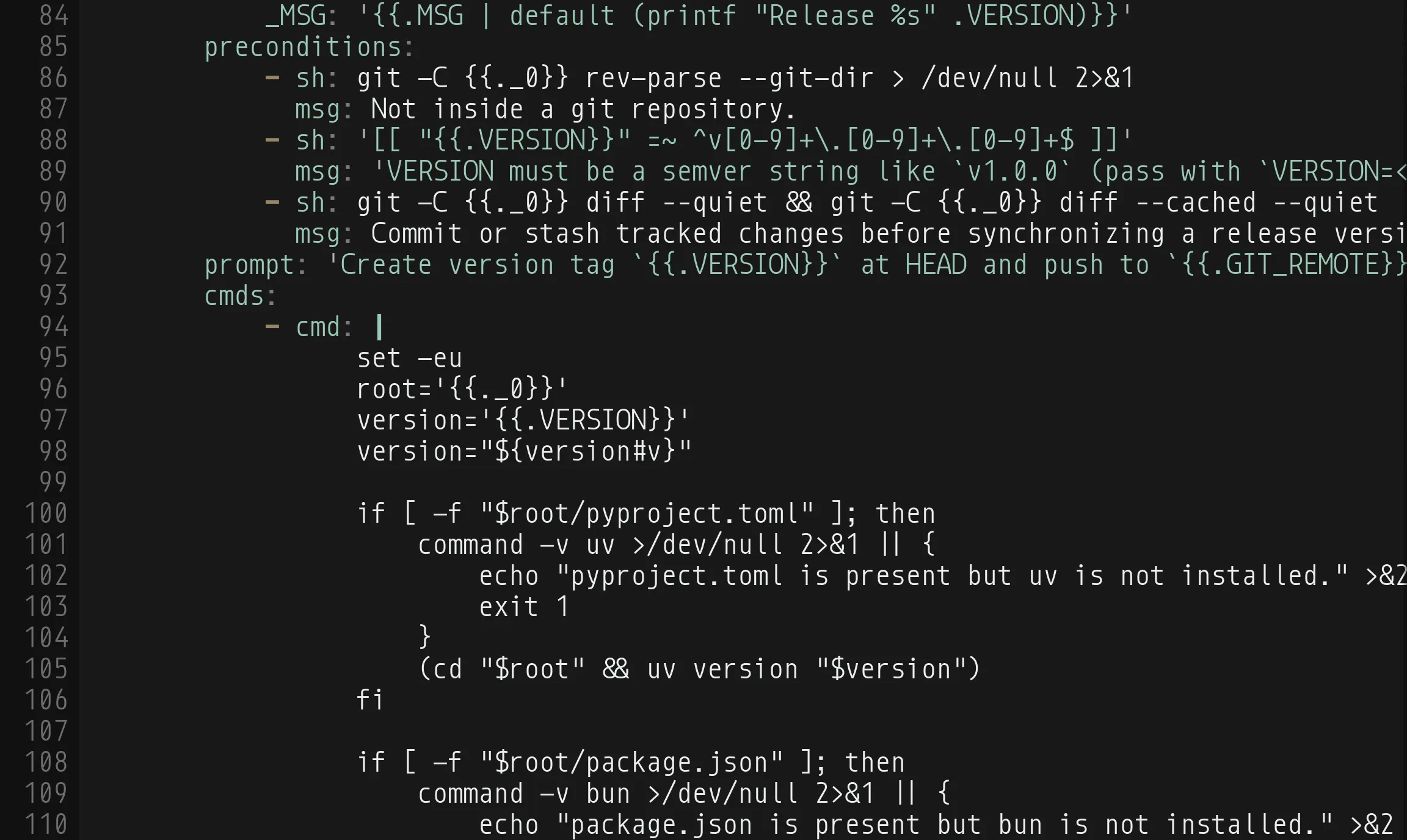 Twenty-seven lines of a Taskfile in Sublime's stock YAML syntax: a task's vars, preconditions, prompt, and the start of a cmd block holding a shell script, with the {{...}} template expressions left as part of plain strings.