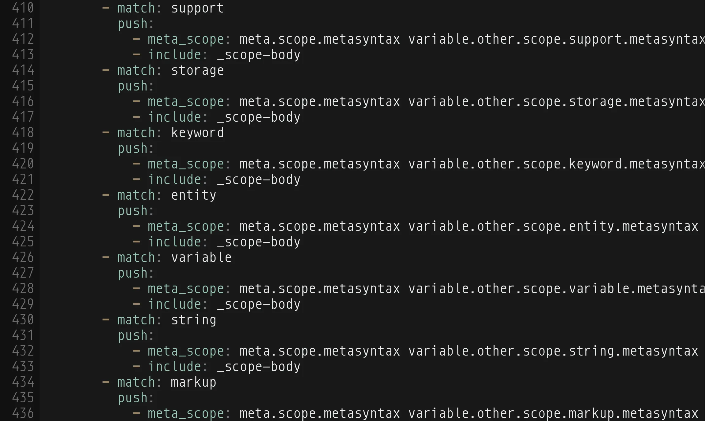 Lines 410 to 436 of a .sublime-syntax file in stock YAML highlighting: match, push, meta_scope, and include rules with the scope names after them, keys in one color and values in another.