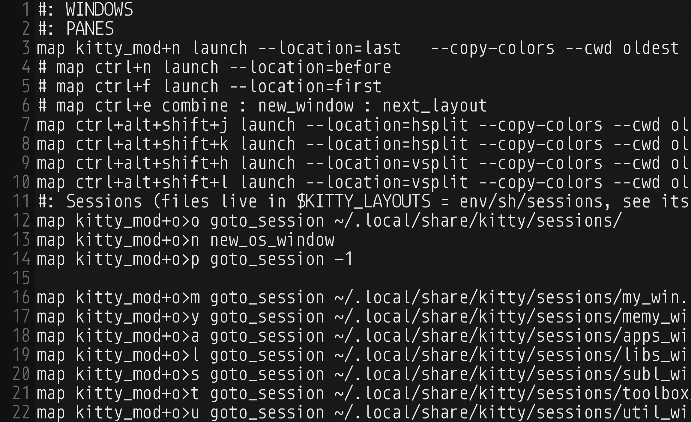 Twenty-two lines of a kitty.conf as plain text: two #: headings, key bindings that split windows and panes with launch --location, and bindings that jump between saved sessions, all one color.