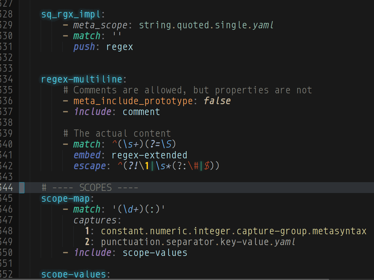 The Metasyntax .sublime-syntax grammar file, open in Sublime Text, highlighted by the Metasyntax syntax it defines — regex embeds, YAML mapping keys, and scope names all colored by their own grammar.